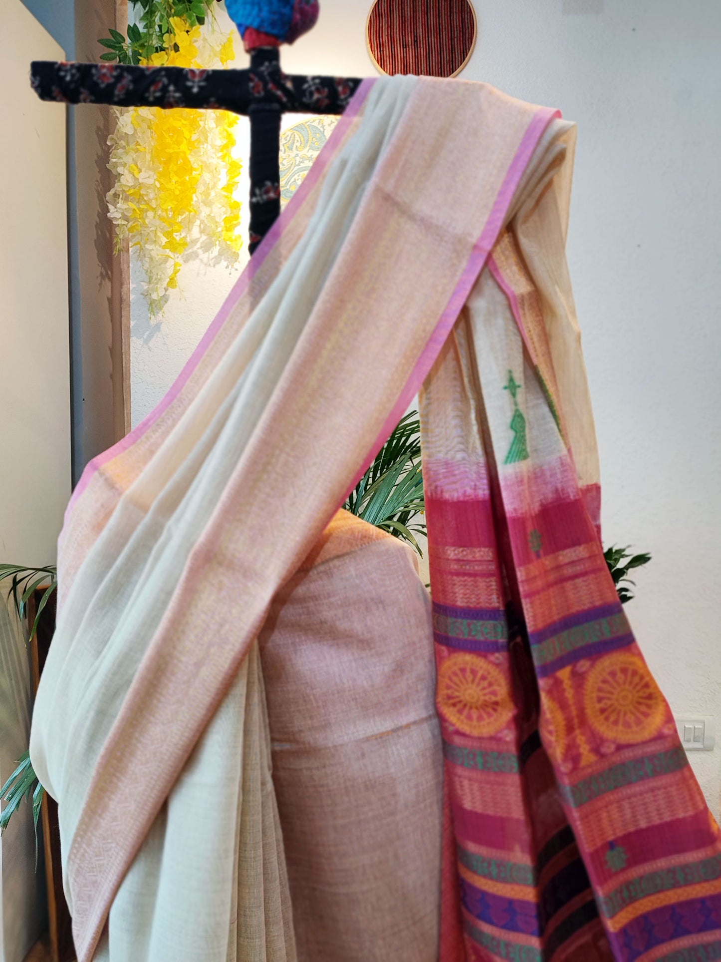 Parchment Cream Jamdani Saree With Rich Ethnic Pink Woven Border