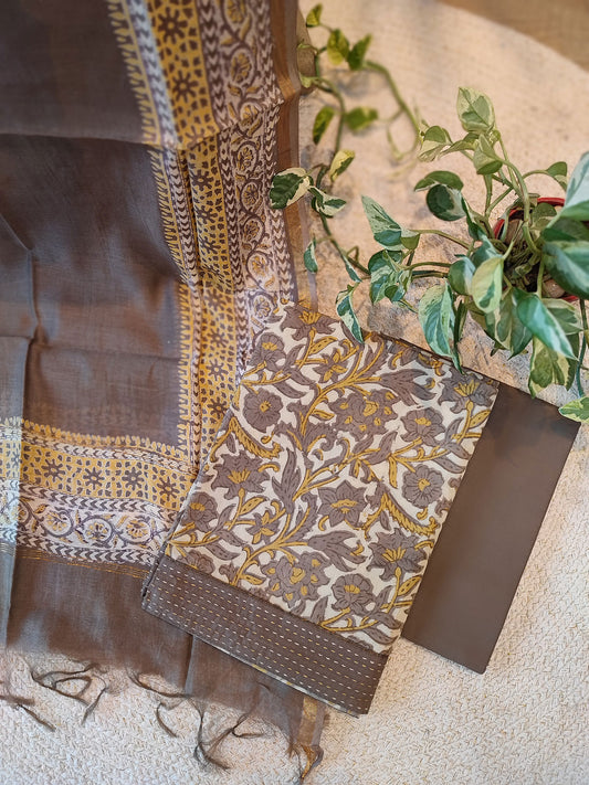 Brown, Gray & Mustard Vanaspati Cotton Suit Set with Chanderi Dupatta