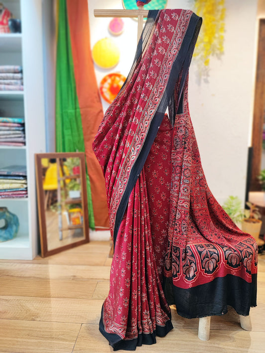 Ruby Red Premium Ajrakh Modal Silk Handblock Printed Saree