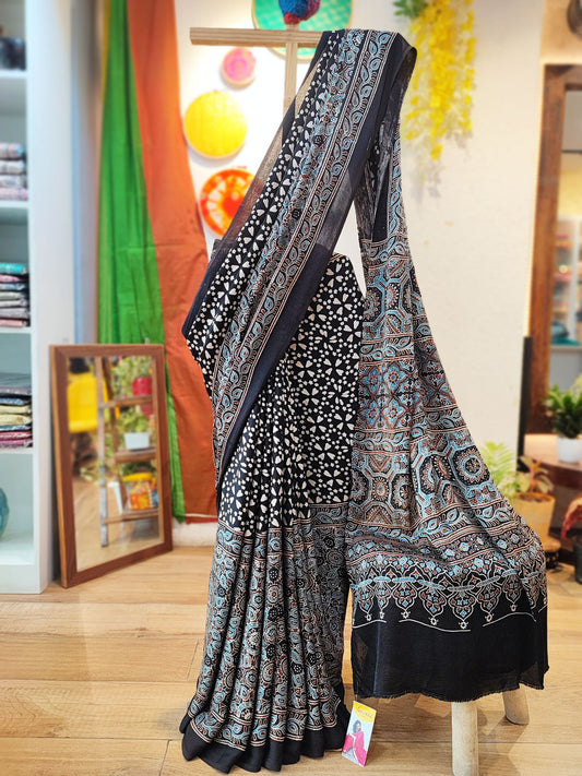 Black & Sapphire Premium Ajrakh Modal Silk Handblock Printed Saree