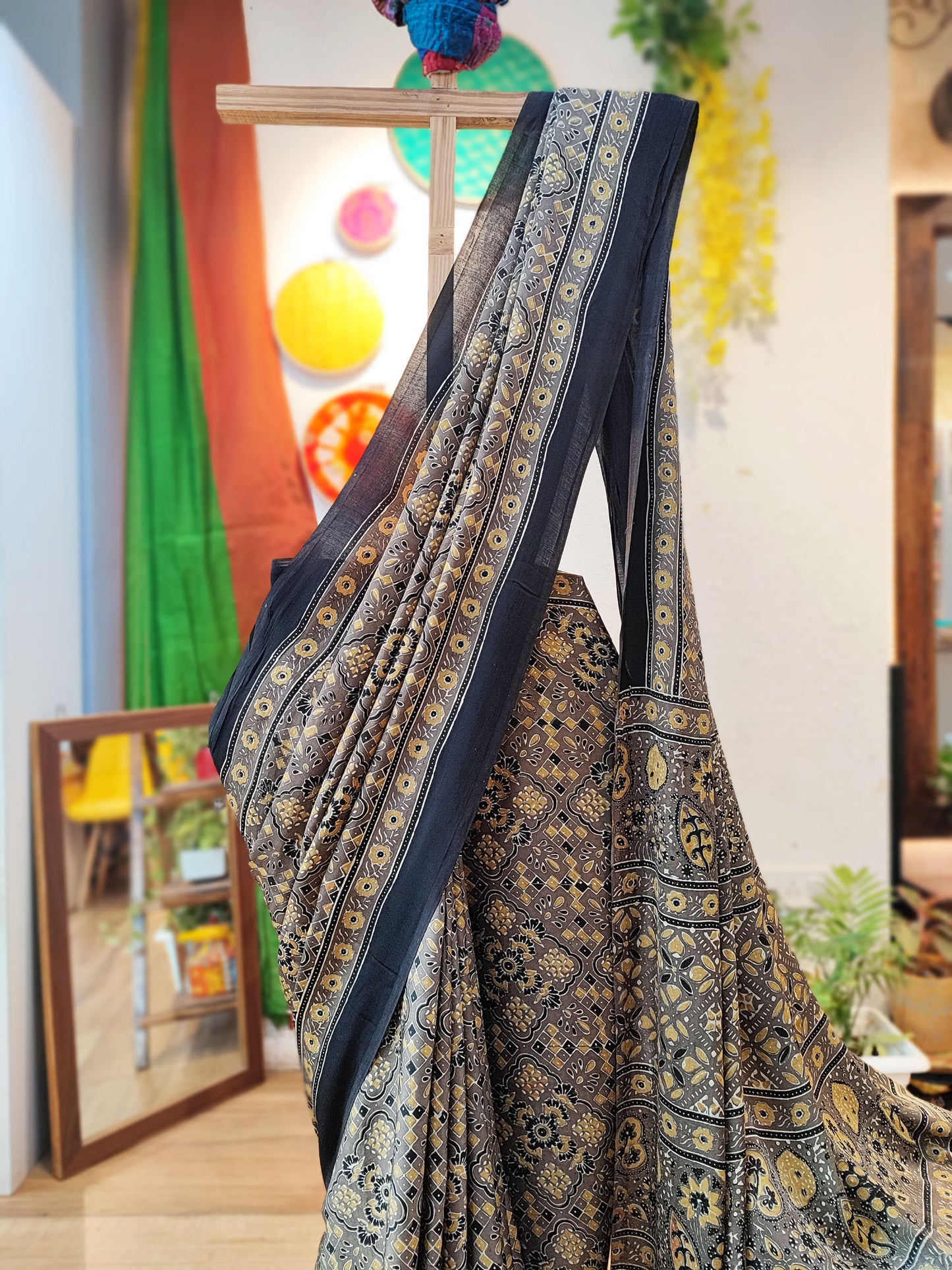 Beaver Brown Premium Ajrakh Modal Silk Handblock Printed Saree With Black Border