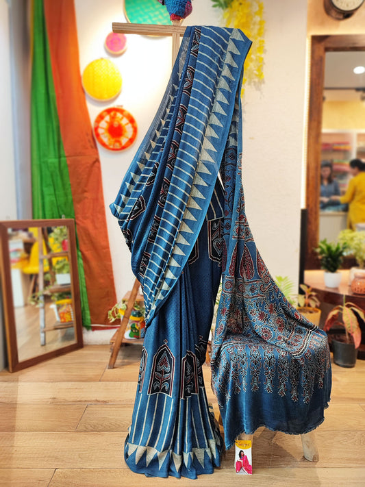 Sapphire Blue Premium Ajrakh Modal Silk Handblock Printed Saree