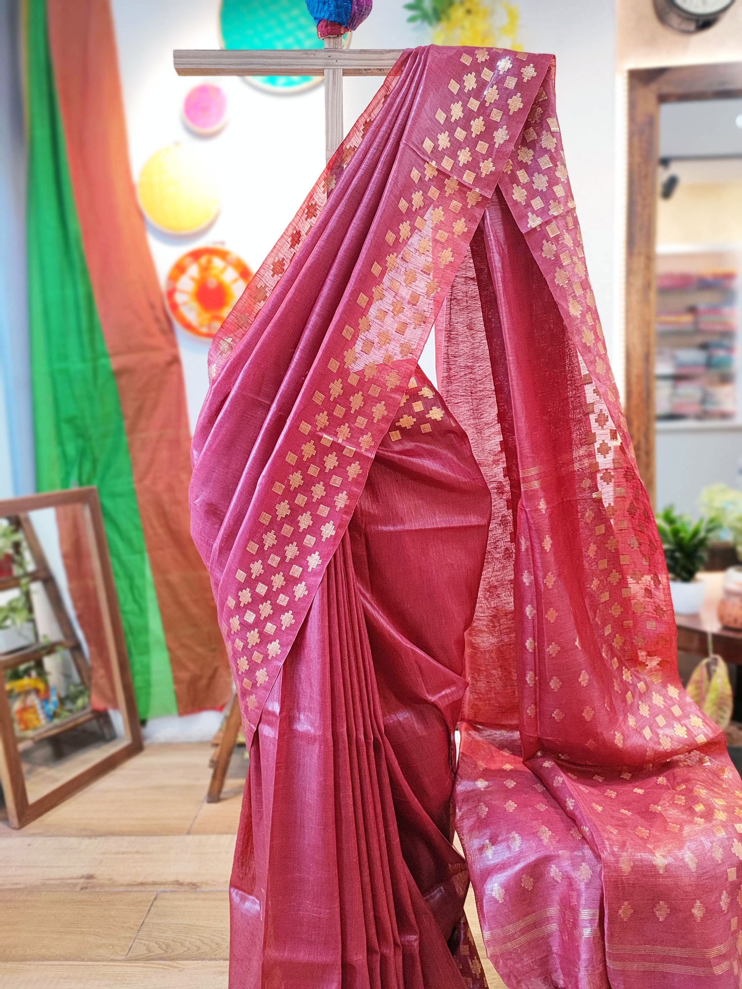 Blush Red Linen Silk Saree With Golden Weaving