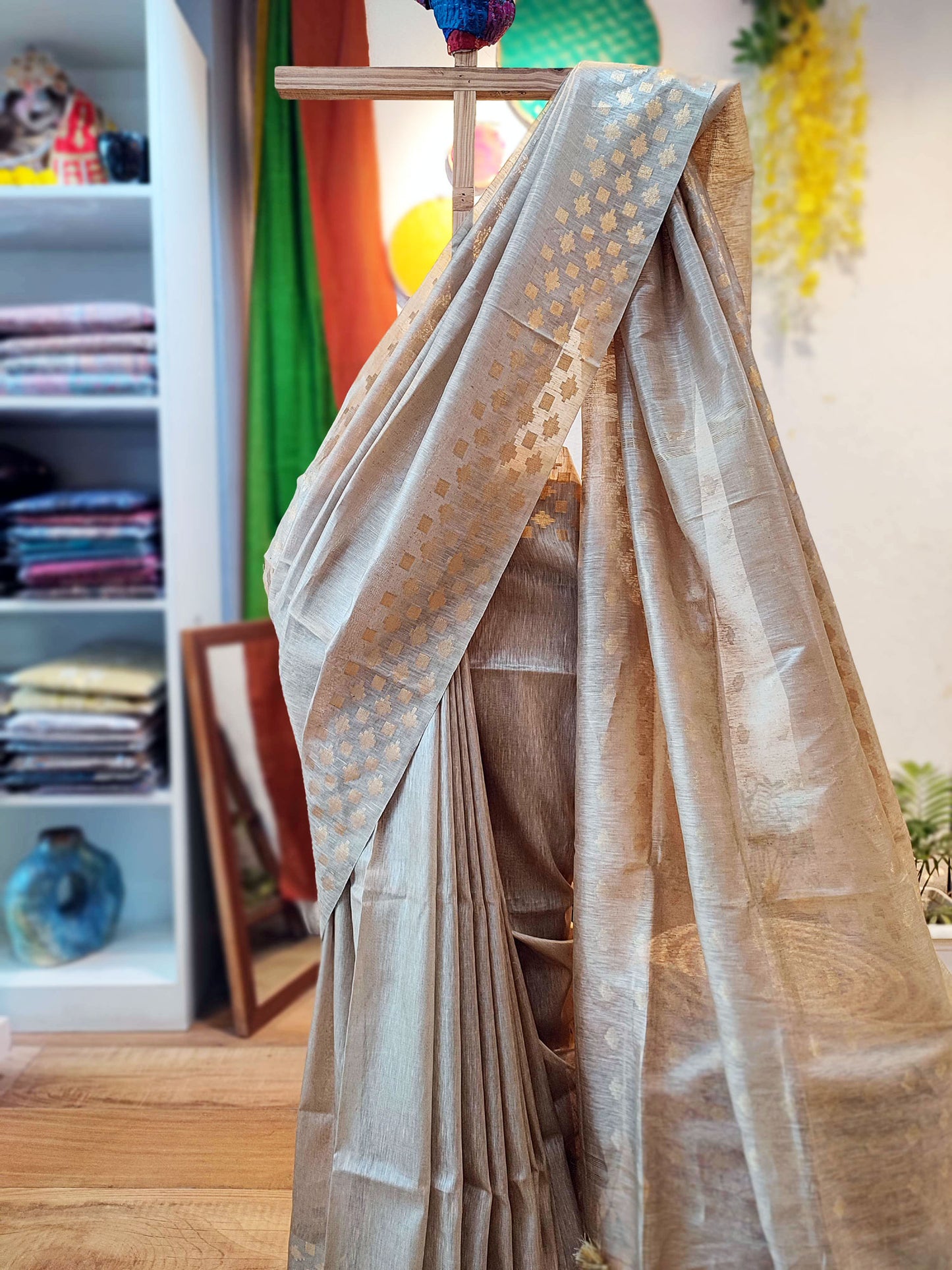 Beige Linen Silk Saree With Golden Weaving