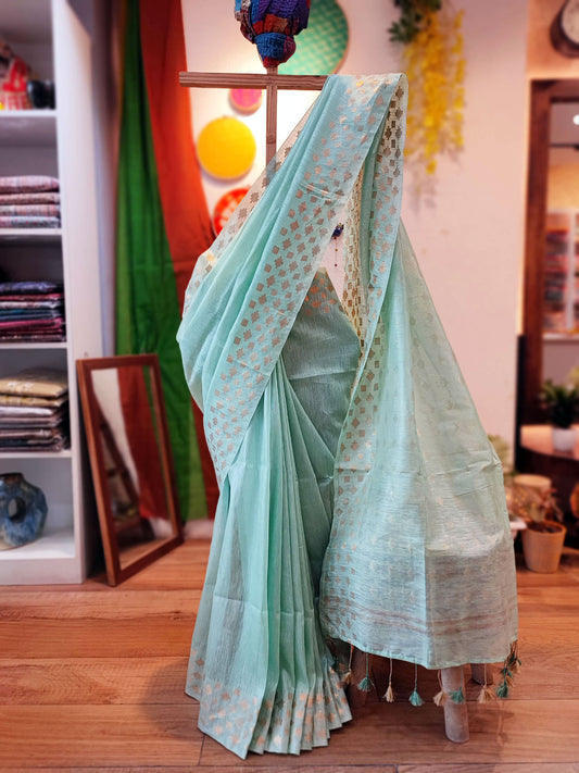 Ultramarine Green Linen Silk Saree With Golden Weaving