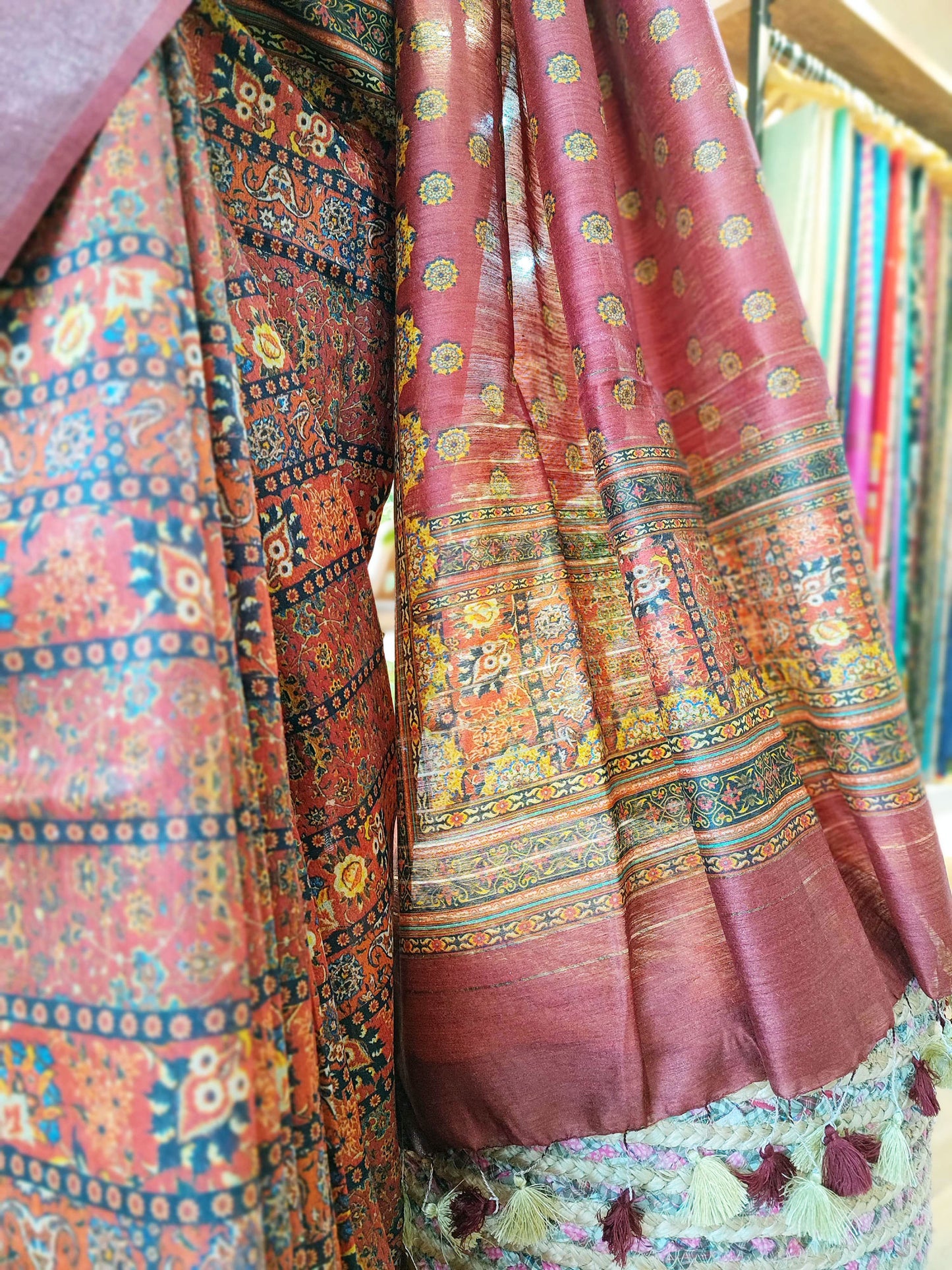 Multicolor Blush Pink Moonga Tussar Silk Saree With Digital Kalamkari Print
