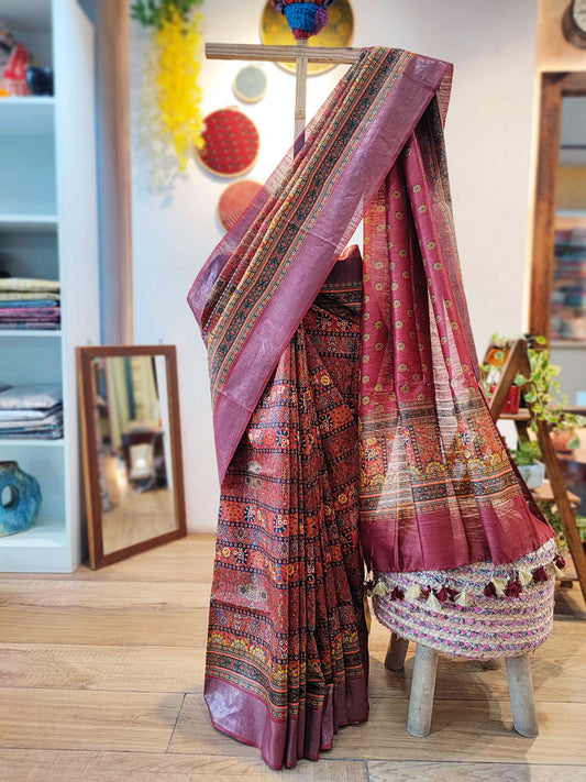 Multicolor Blush Pink Moonga Tussar Silk Saree With Digital Kalamkari Print