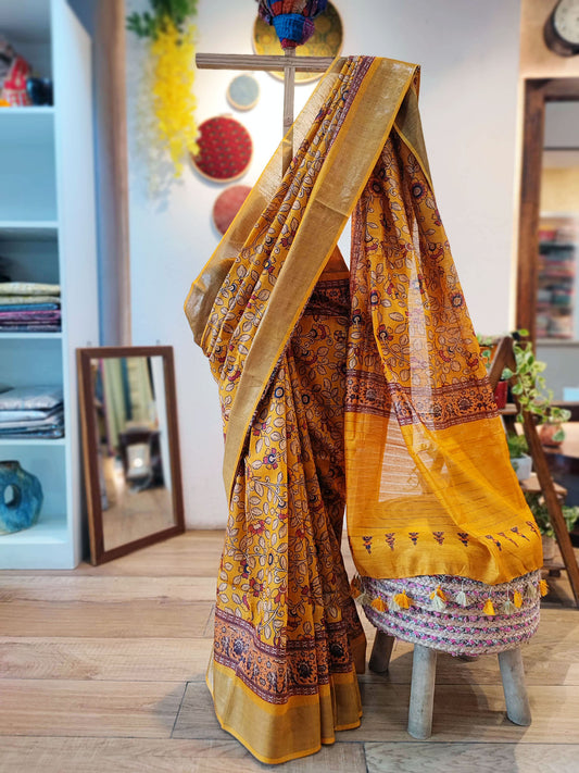 Rich Mustard Moonga Tussar Silk Saree With Digital Kalamkari Print
