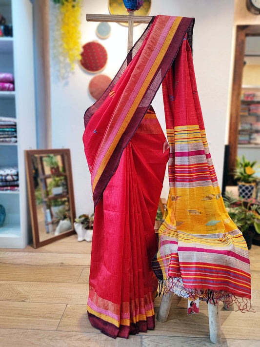 Crimson Red Kosa Silk Saree With Multicolor Pallu
