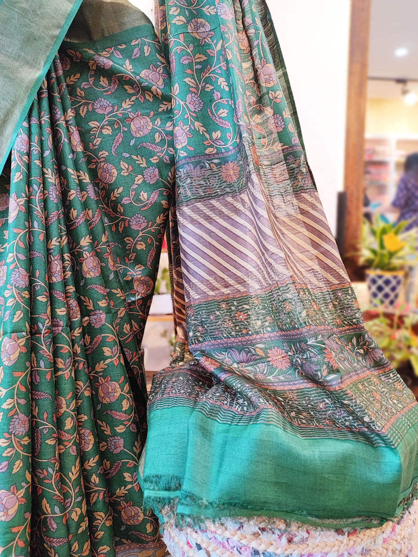 Fern Green Moonga Tassar Silk Saree With Digital Kalamkari Print