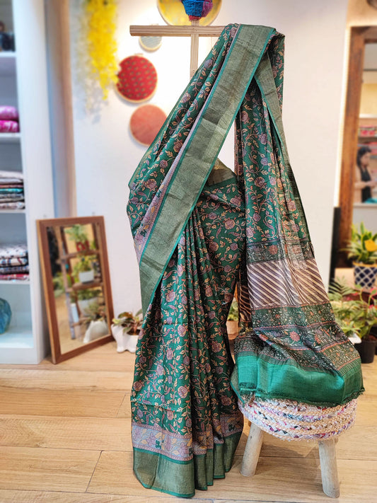 Fern Green Moonga Tassar Silk Saree With Digital Kalamkari Print