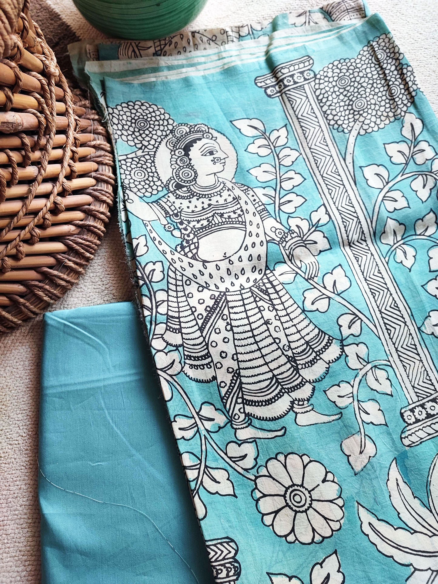 Hand-Painted Pen Srikalahasti Sky Blue Kalamkari Kurta and Pants Set