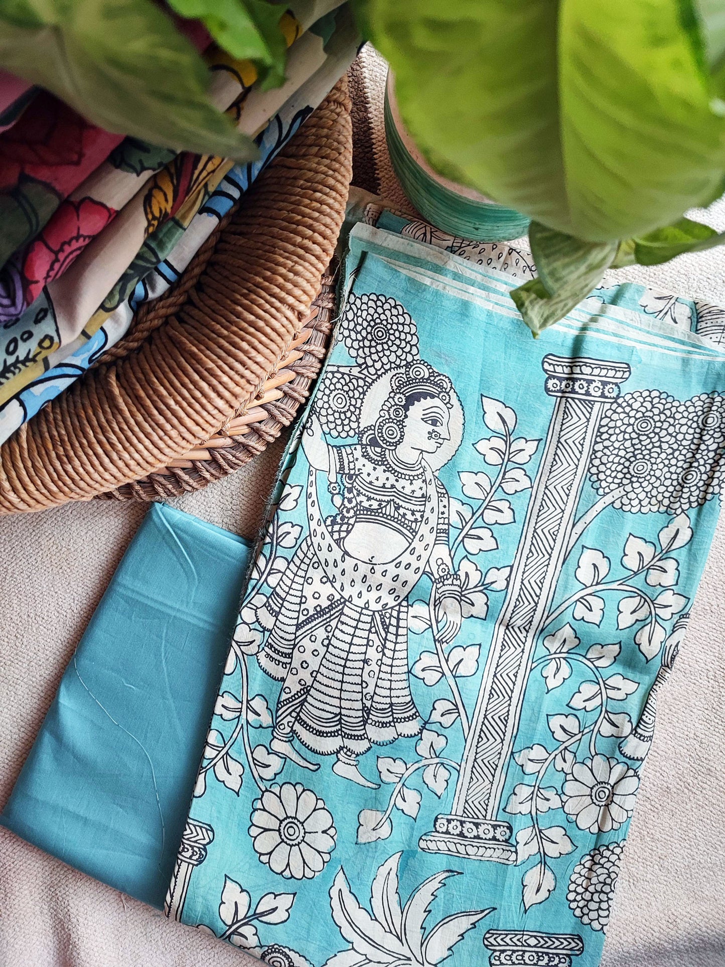 Hand-Painted Pen Srikalahasti Sky Blue Kalamkari Kurta and Pants Set