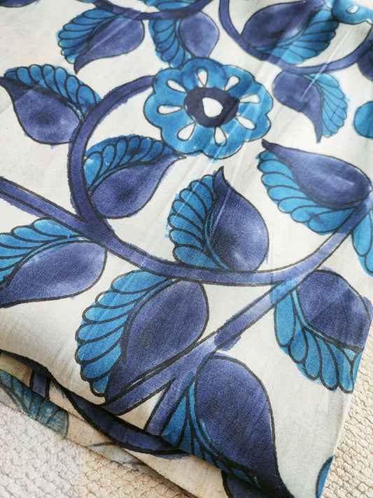 Blue & White Cotton Silk Kalamkari Printed Blouse Piece Material