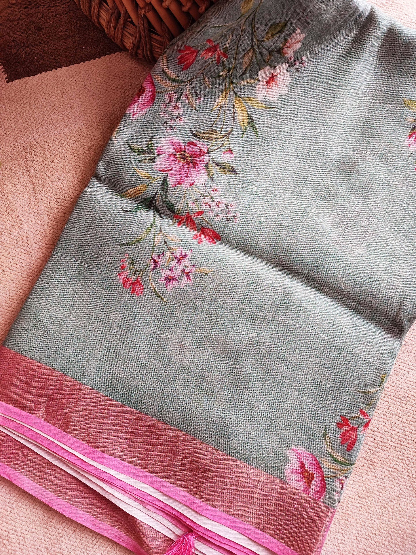 Bluish Gray & Pink Floral Printed Saree with Tassels Detailing