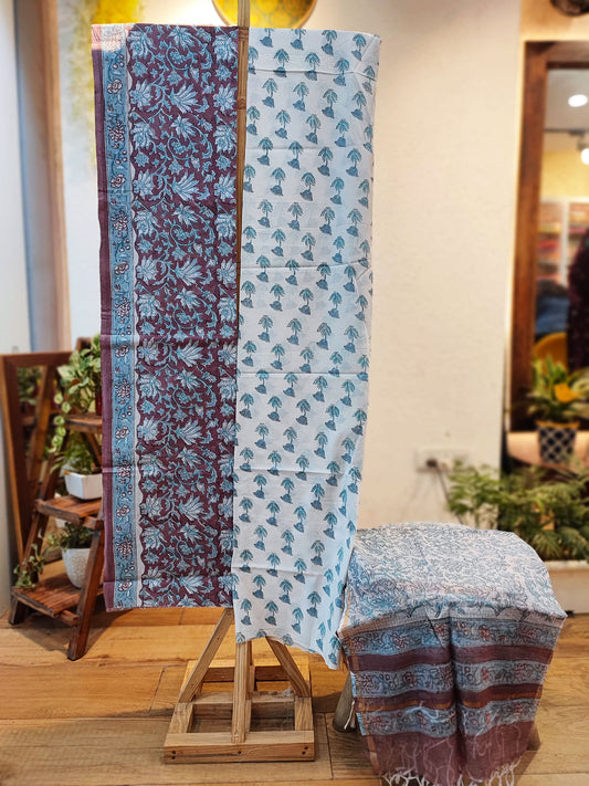 Rust & Light Blue Handblock Print Cotton Suit Set with Kota Doria Dupatta