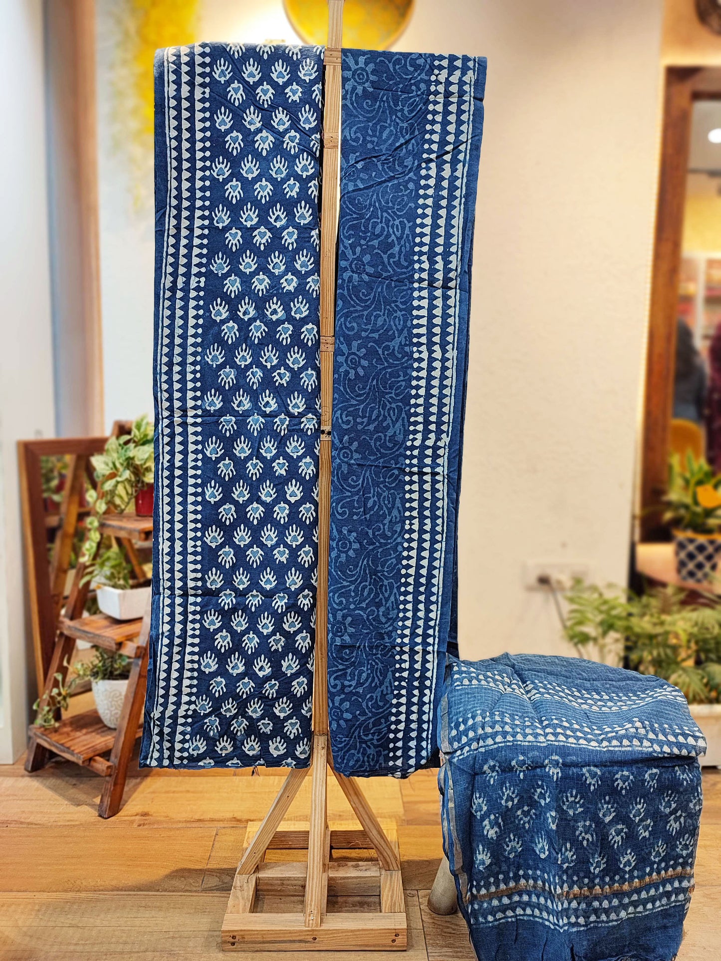 Indigo Handblock Print Cotton Suit Set with Kota Doria Dupatta