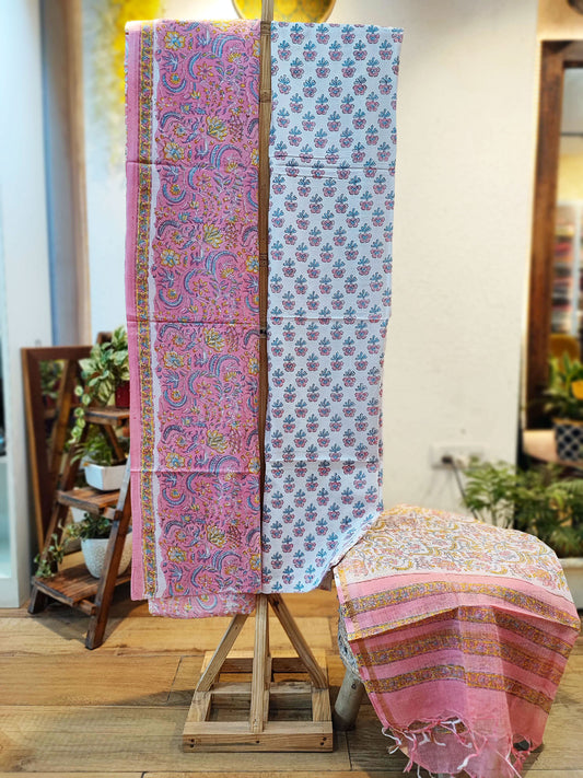 Bubblegum Pink Handblock Print Cotton Suit Set with Kota Doria Dupatta