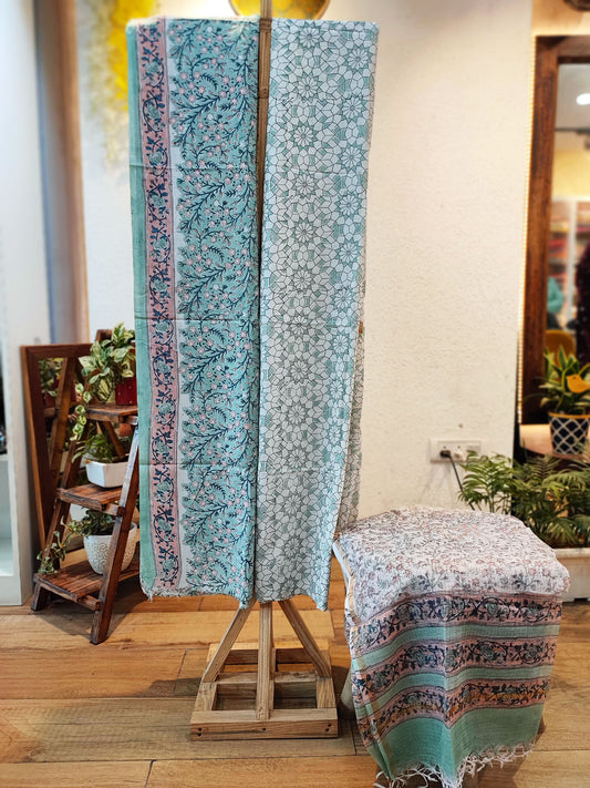 Light Blue & Pink Handblock Print Cotton Suit Set with Kota Doria Dupatta