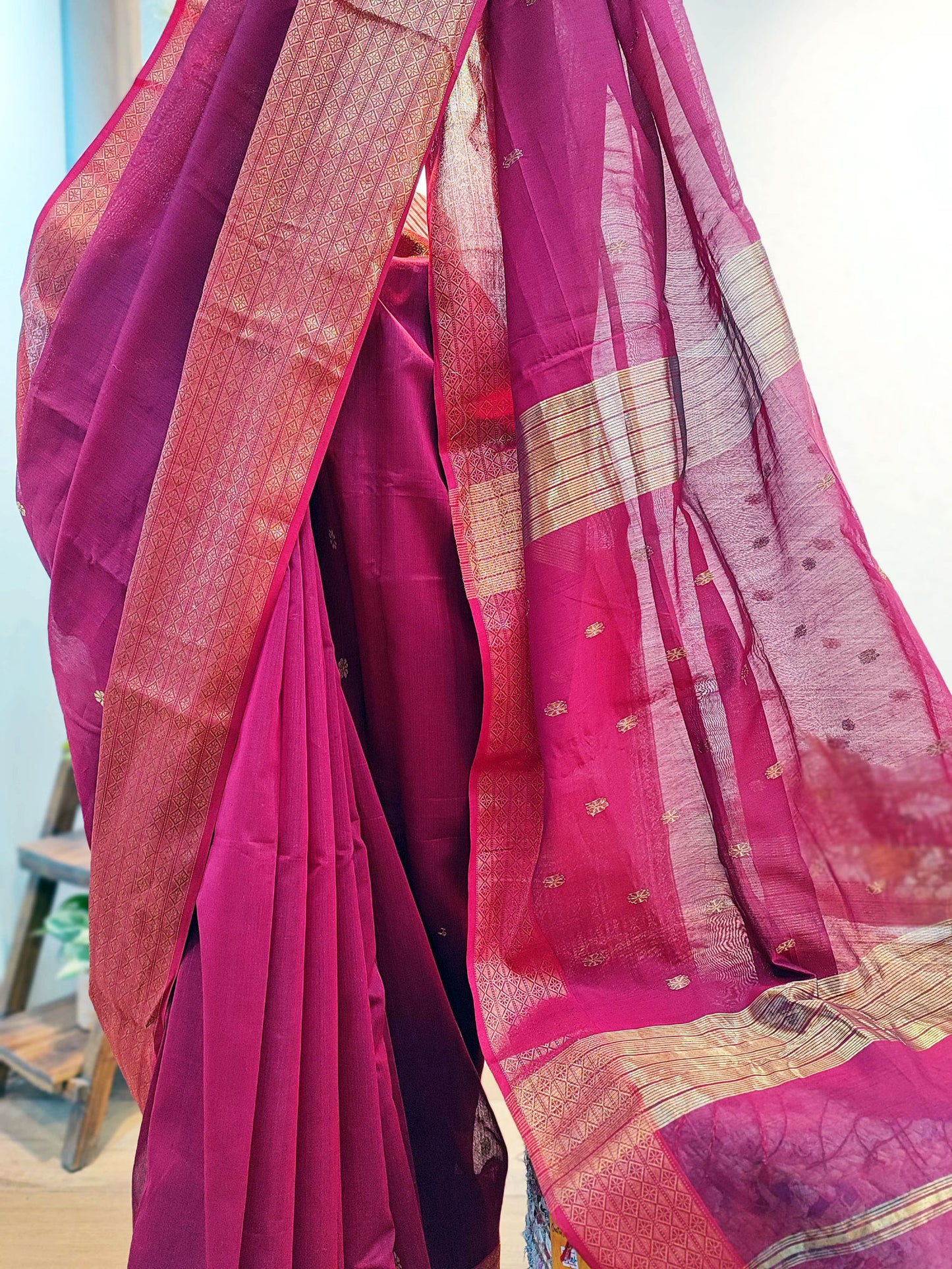 Ruby Maheshwari Silk Saree with Broad Zari Border