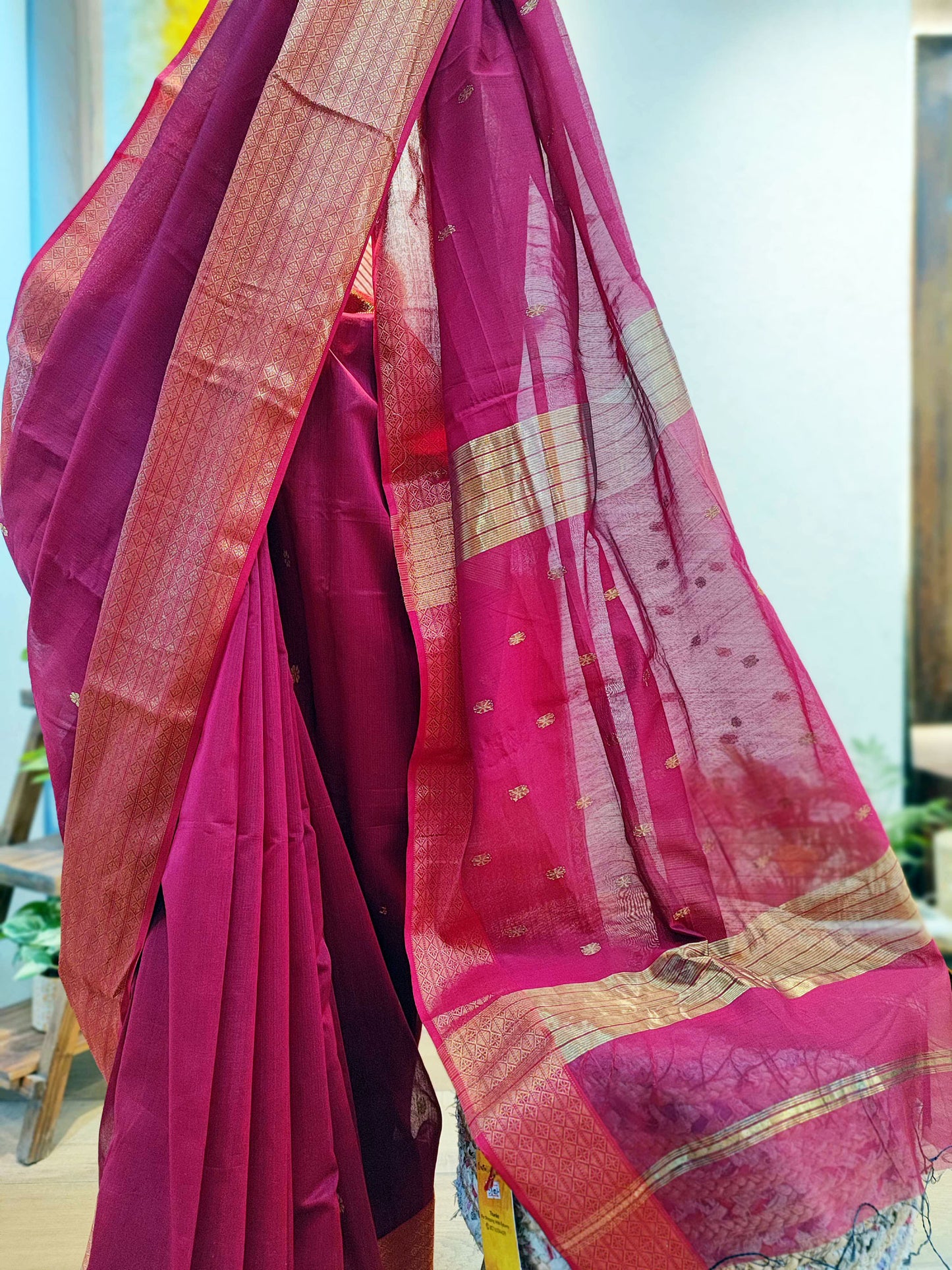 Ruby Maheshwari Silk Saree with Broad Zari Border