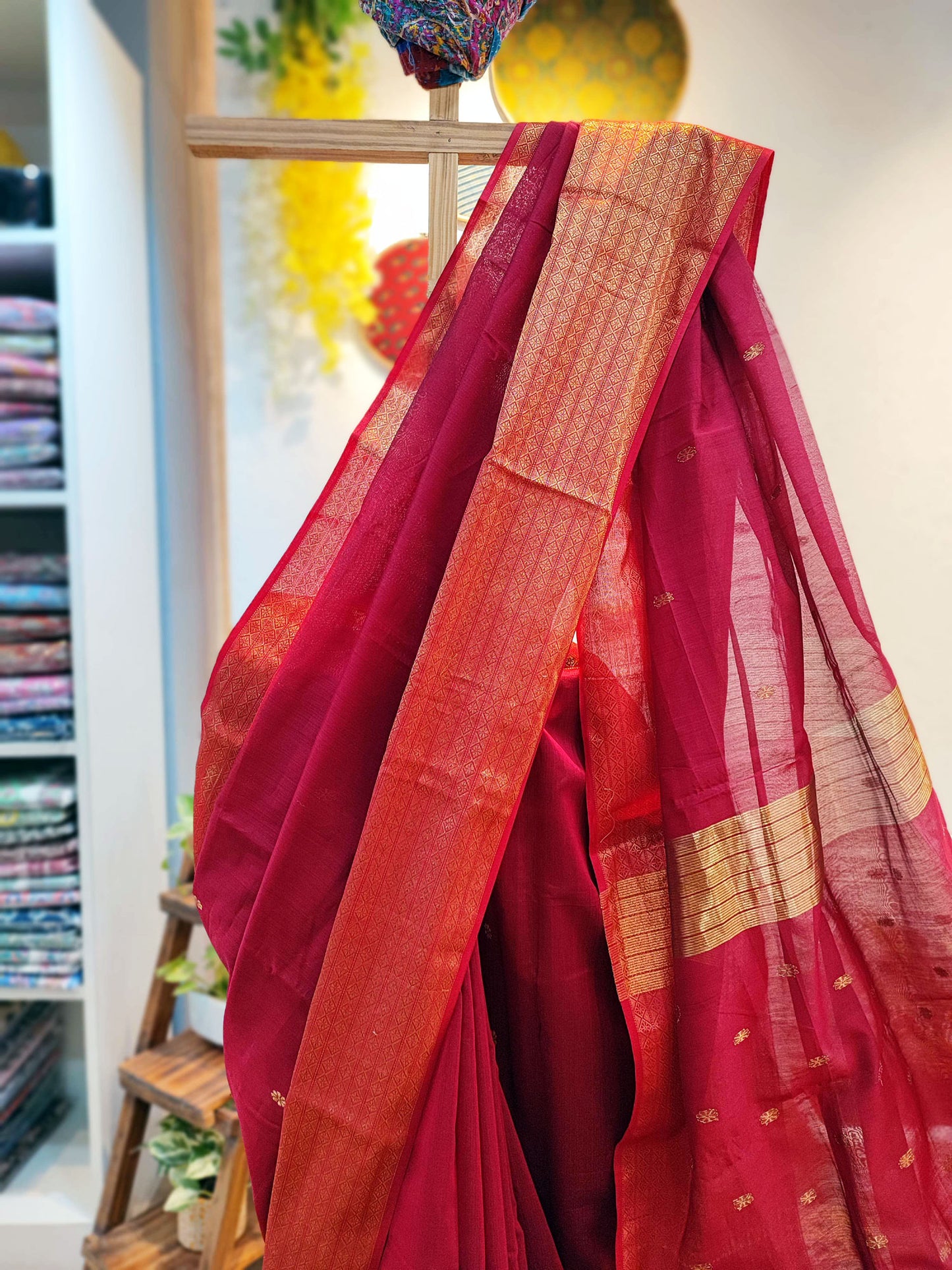 Crimson Maheshwari Silk Saree with Broad Zari Border