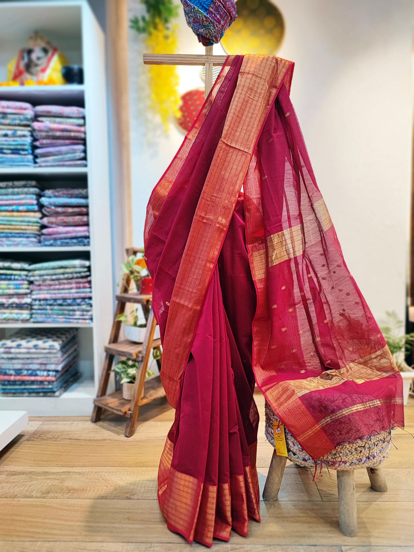 Crimson Maheshwari Silk Saree with Broad Zari Border