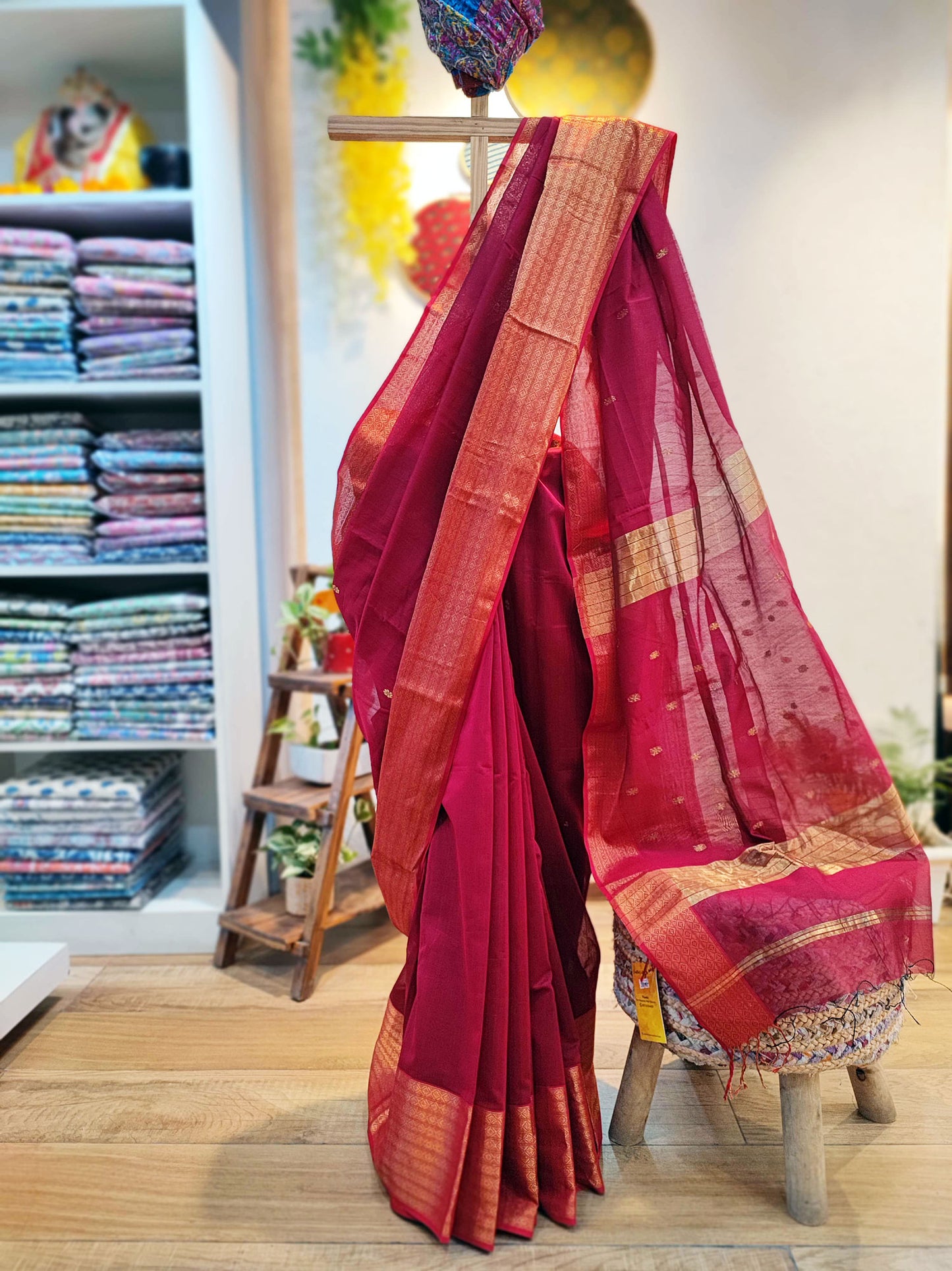 Crimson Maheshwari Silk Saree with Broad Zari Border