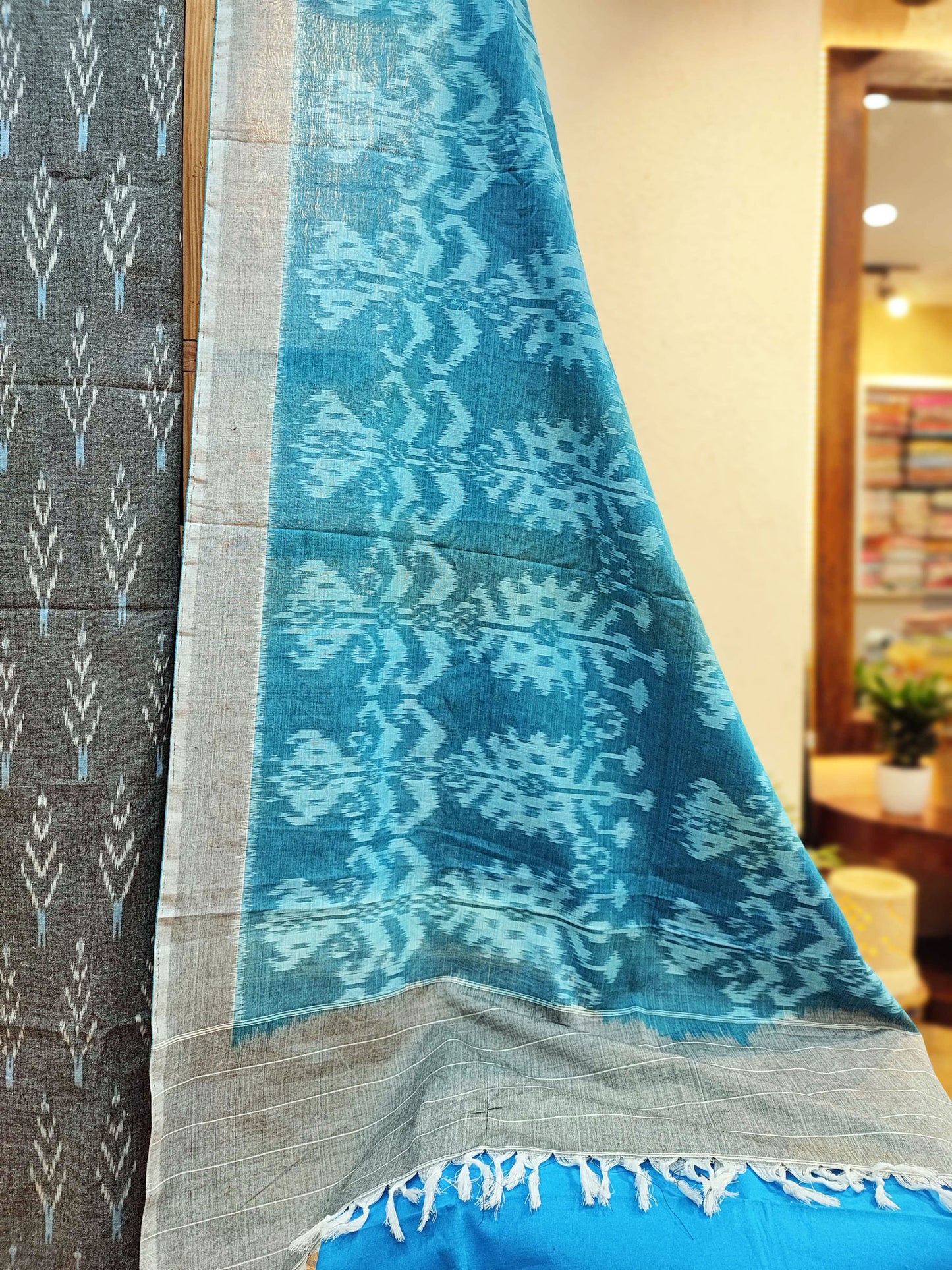 Blue & Gray Pure Cotton Handloom Ikkat Suit Set