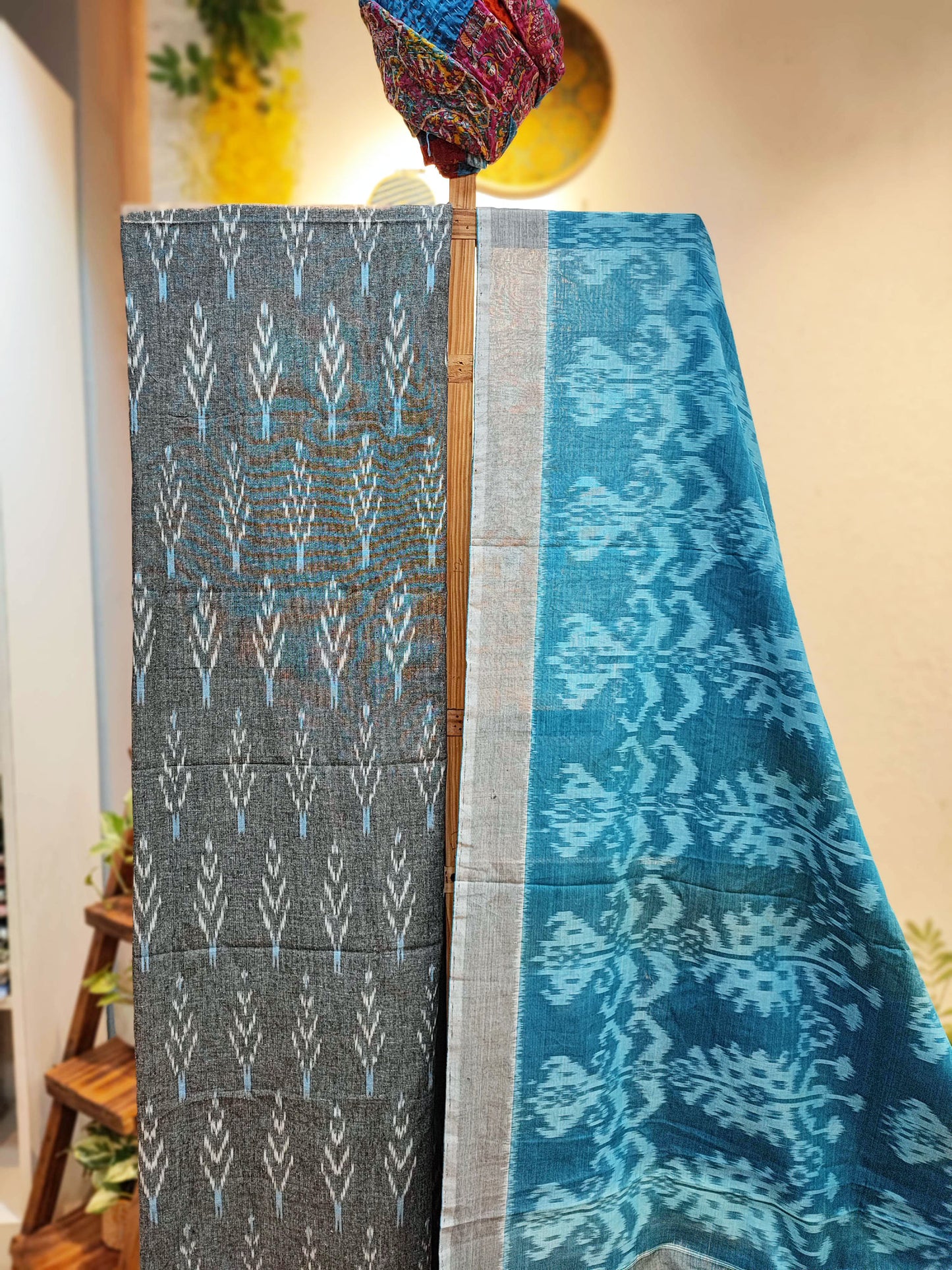 Blue & Gray Pure Cotton Handloom Ikkat Suit Set