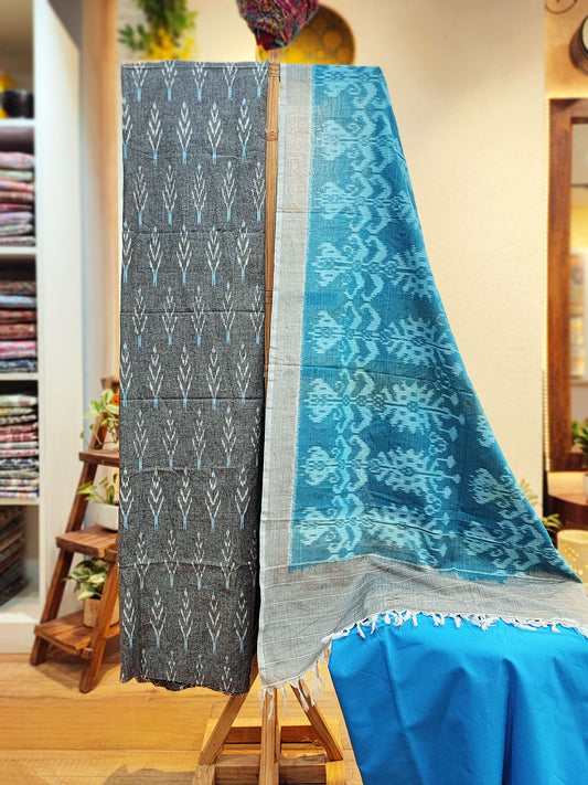 Blue & Gray Pure Cotton Handloom Ikkat Suit Set