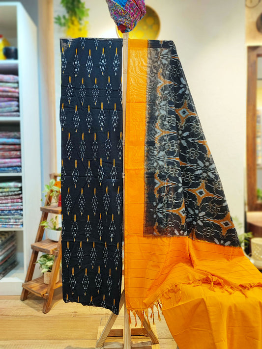 Black & Yellow Pure Cotton Handloom Ikkat Suit Set