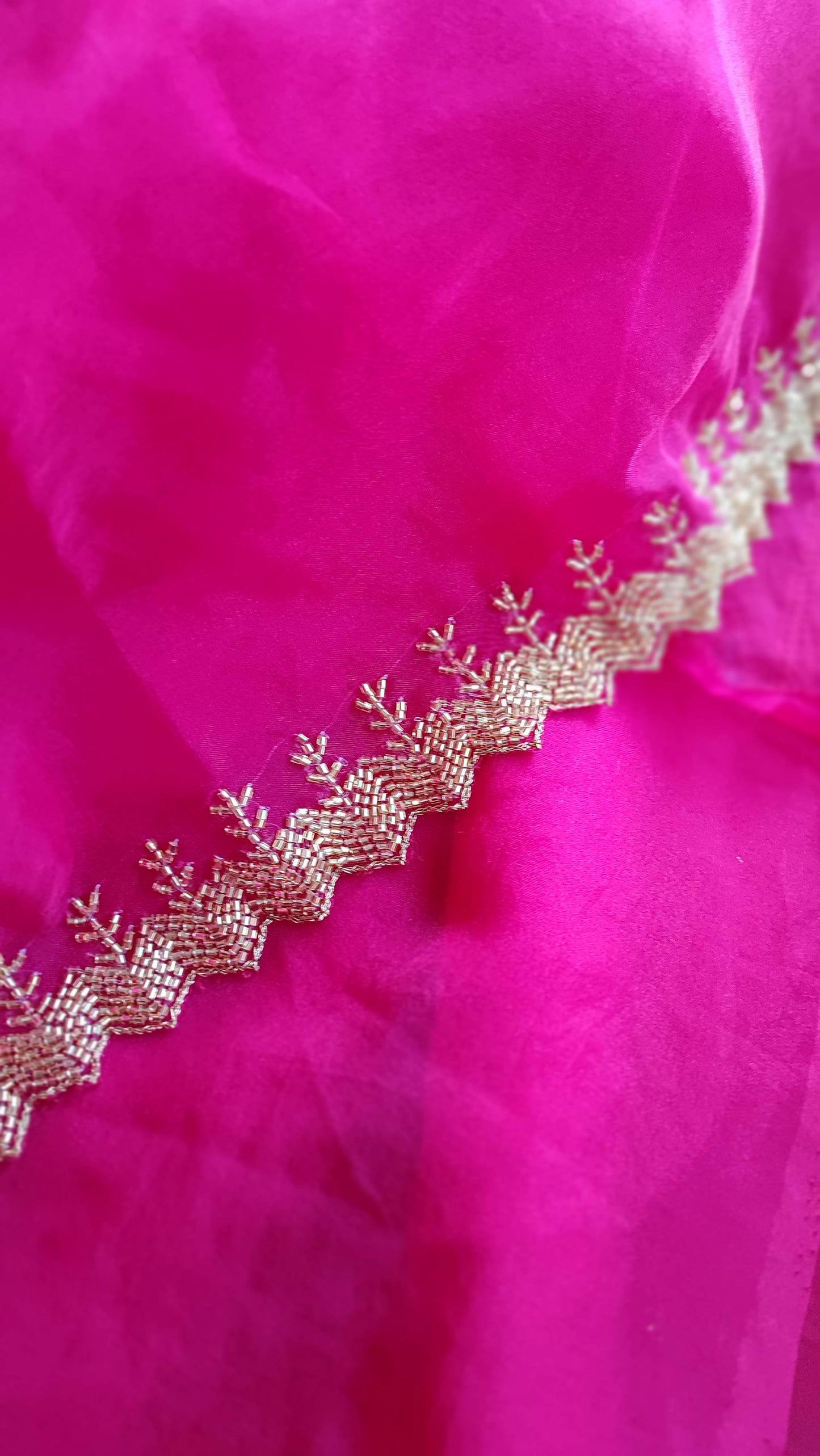 Hot Pink Semi Organza Saree With Handwork Border & Blouse