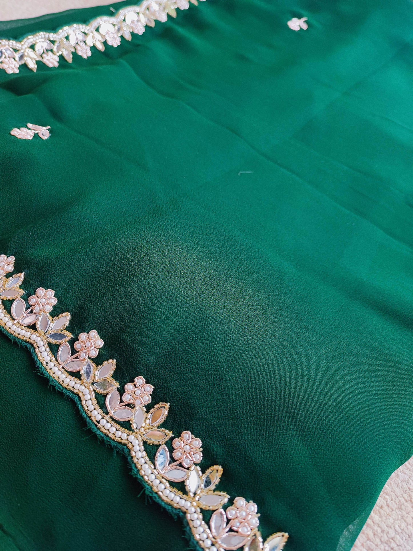 Emerald Green Semi Georgette Saree With Handwork Border & Blouse
