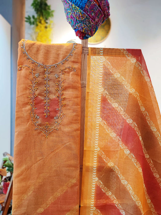 Kesariya & Earthen Red Linen by Cotton Printed Suit Set