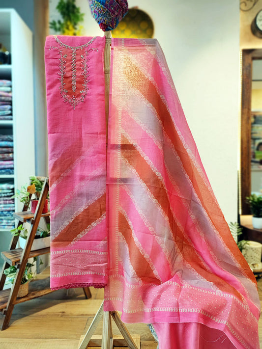 Hot Pink Linen by Cotton Printed Suit Set