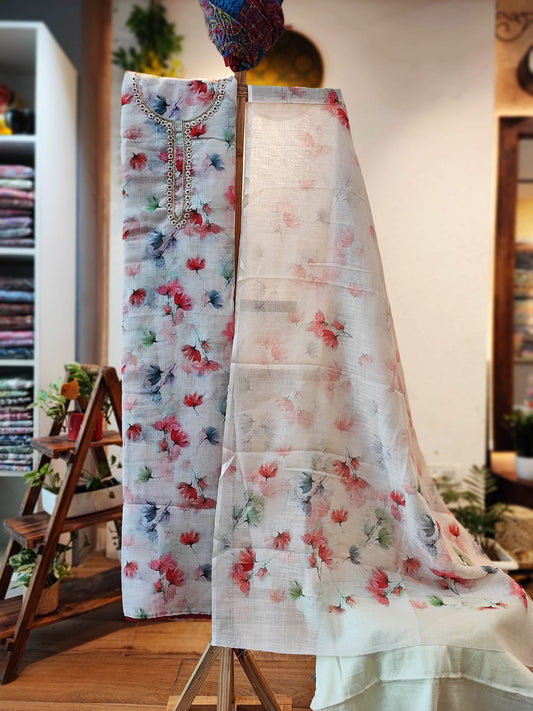 Multicolor Floral Linen by Cotton Printed Suit Set