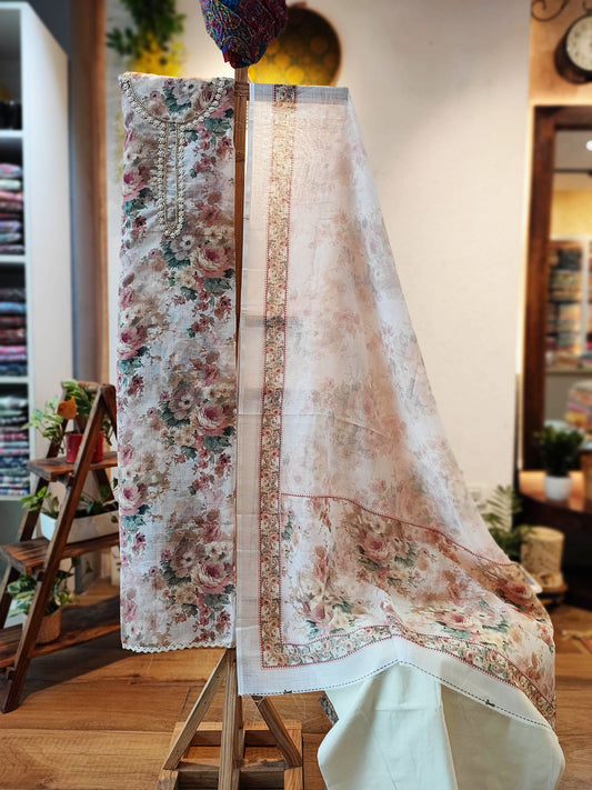 Multicolor Floral Linen by Cotton Printed Suit Set