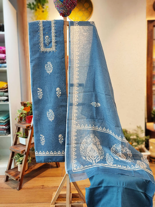Cerulean Blue Floral Linen by Cotton Printed Suit Set With Handwork
