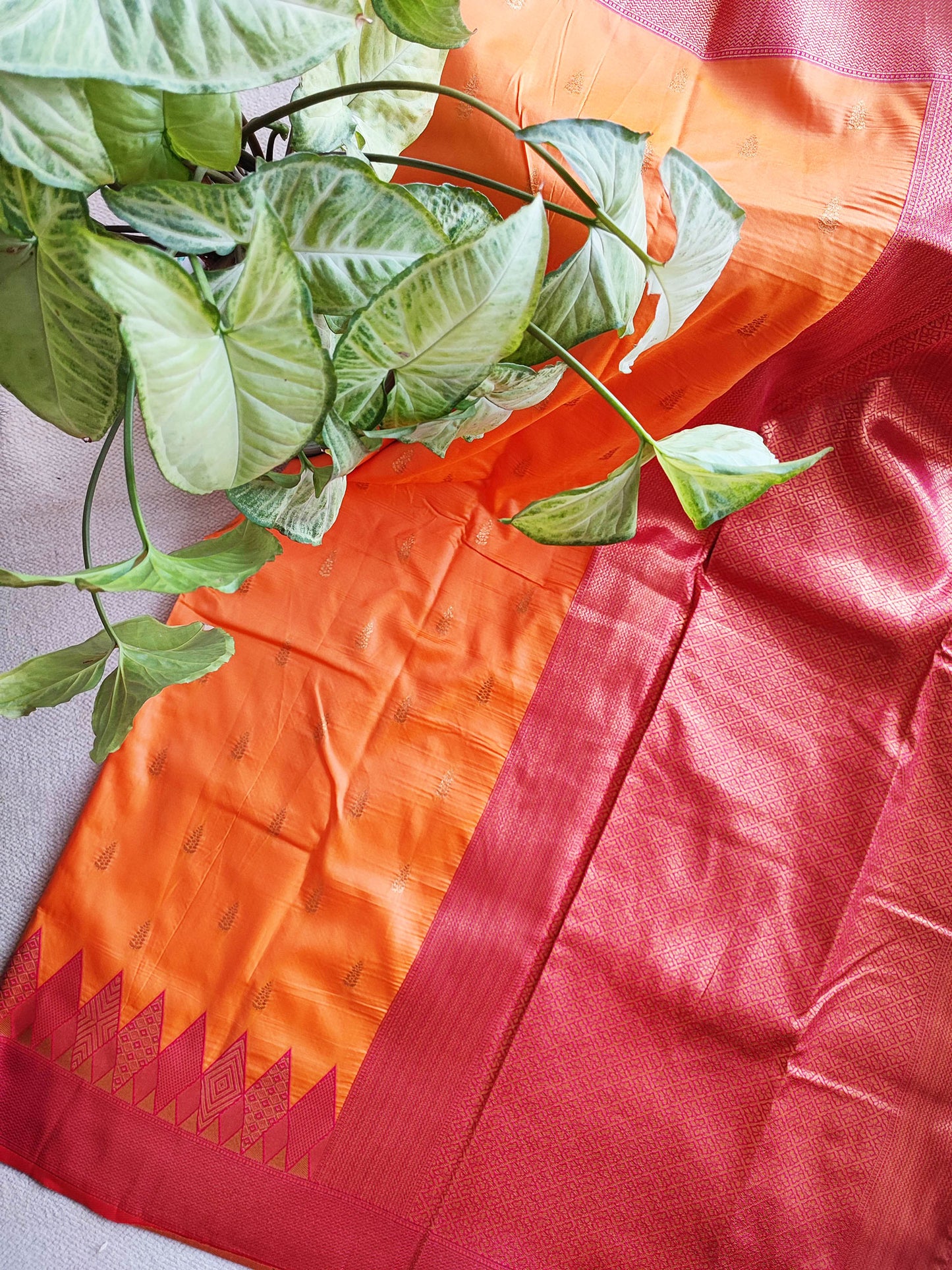 Basanti & Brick Red Semi Silk Saree With Embroidery & Tassels