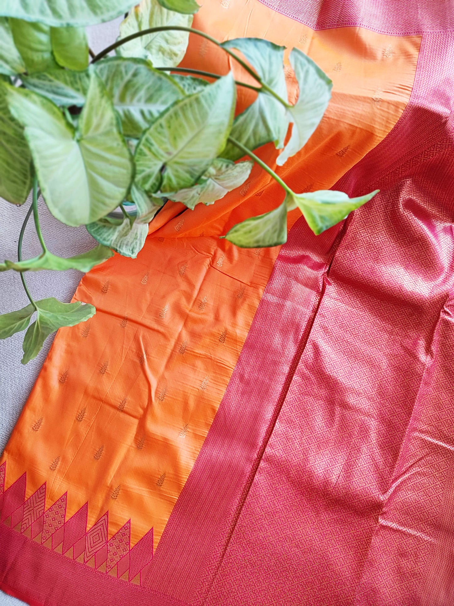 Basanti & Brick Red Semi Silk Saree With Embroidery & Tassels