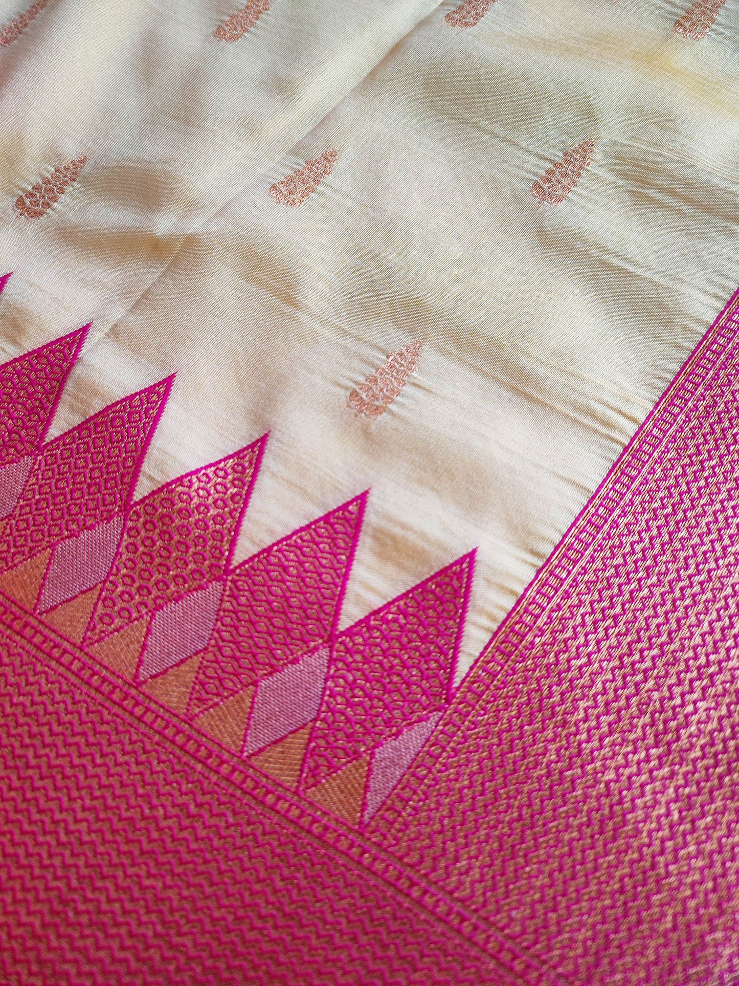 Cream & Punch Pink Semi Silk Saree With Embroidery & Tassels