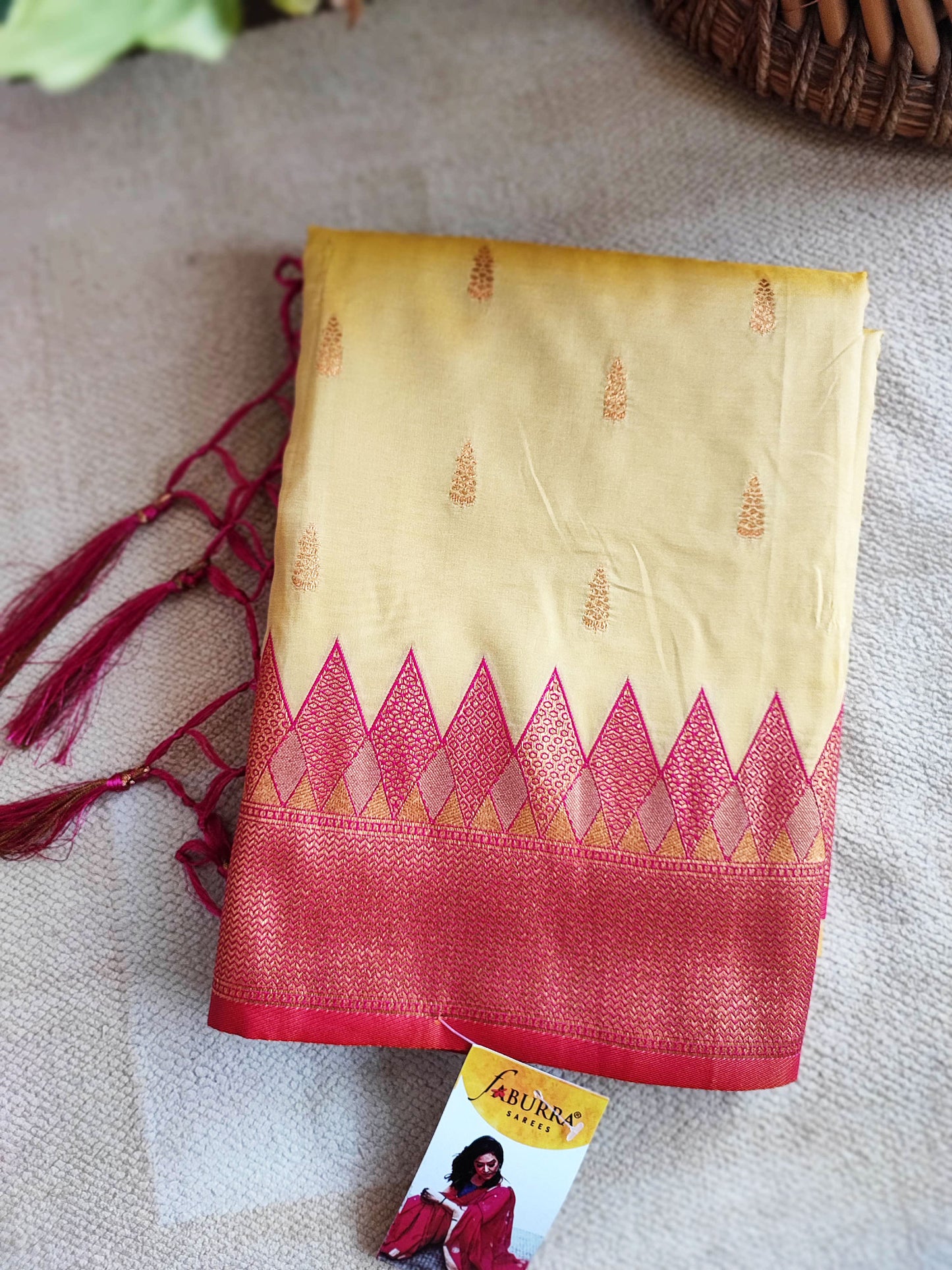 Cream & Punch Pink Semi Silk Saree With Embroidery & Tassels