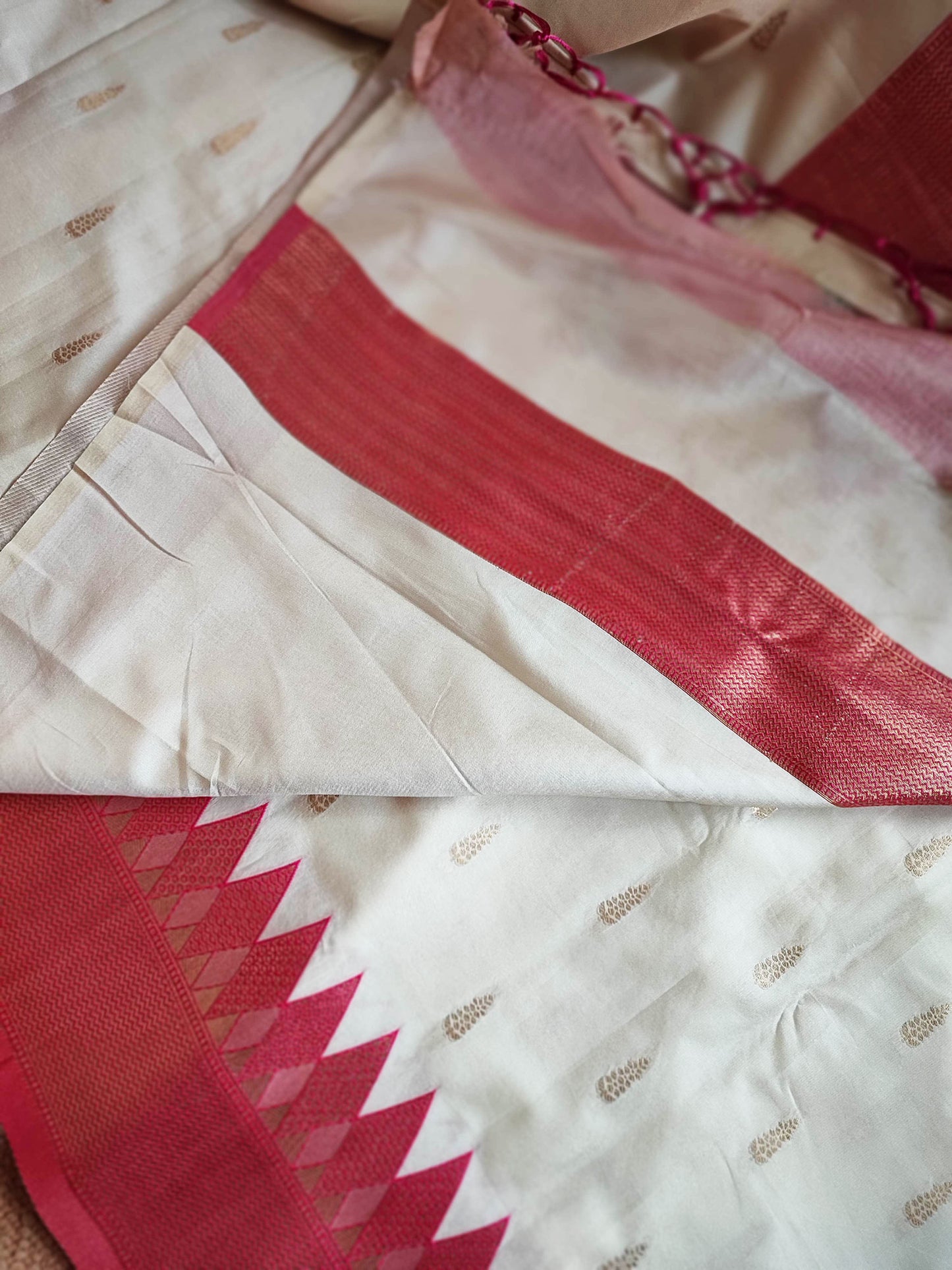 Moonlight White & Ruby Semi Silk Saree With Embroidery & Tassels