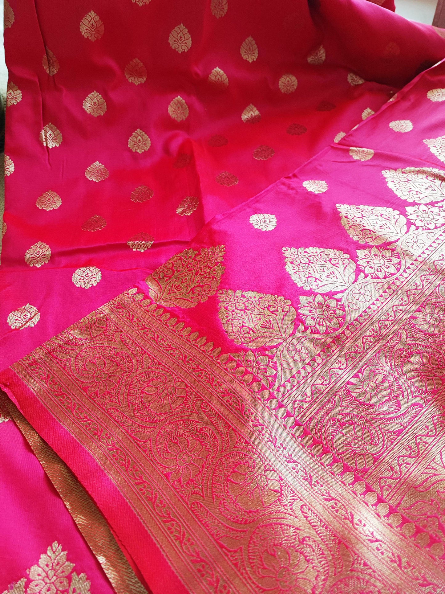 Hot Pink Banarsi Semi Silk Saree With Zari Work