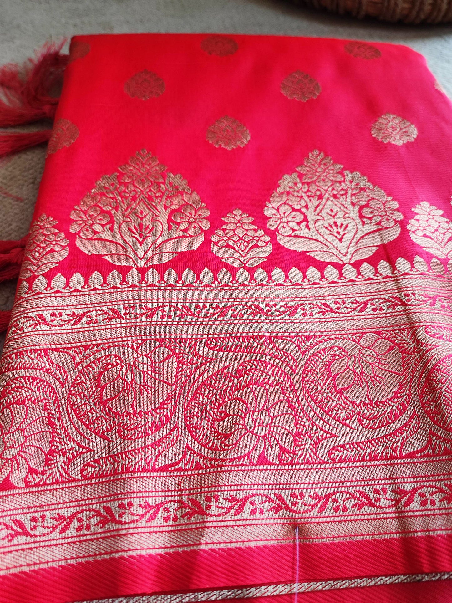 Ruby Banarsi Semi Silk Saree With Zari Work