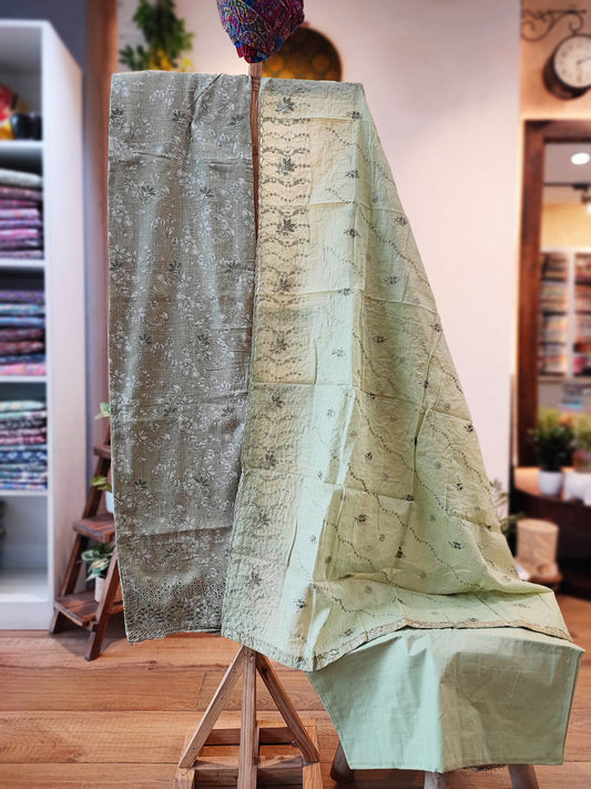 Pastel Green & Gray Floral Linen by Cotton Suit With Cutwork Embroided Cotton Dupatta