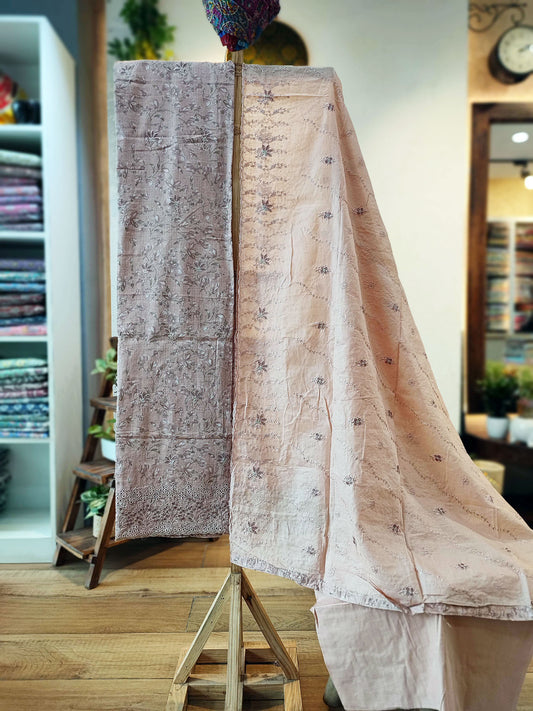 Peach & Almond Floral Linen by Cotton Suit With Cutwork Embroided Cotton Dupatta