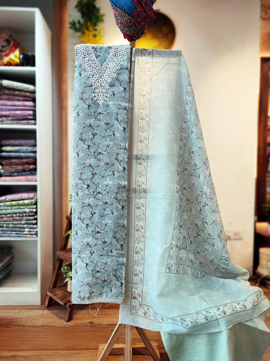 Faded Turquoise Linen by Cotton Suit Set With Neck Embroidery