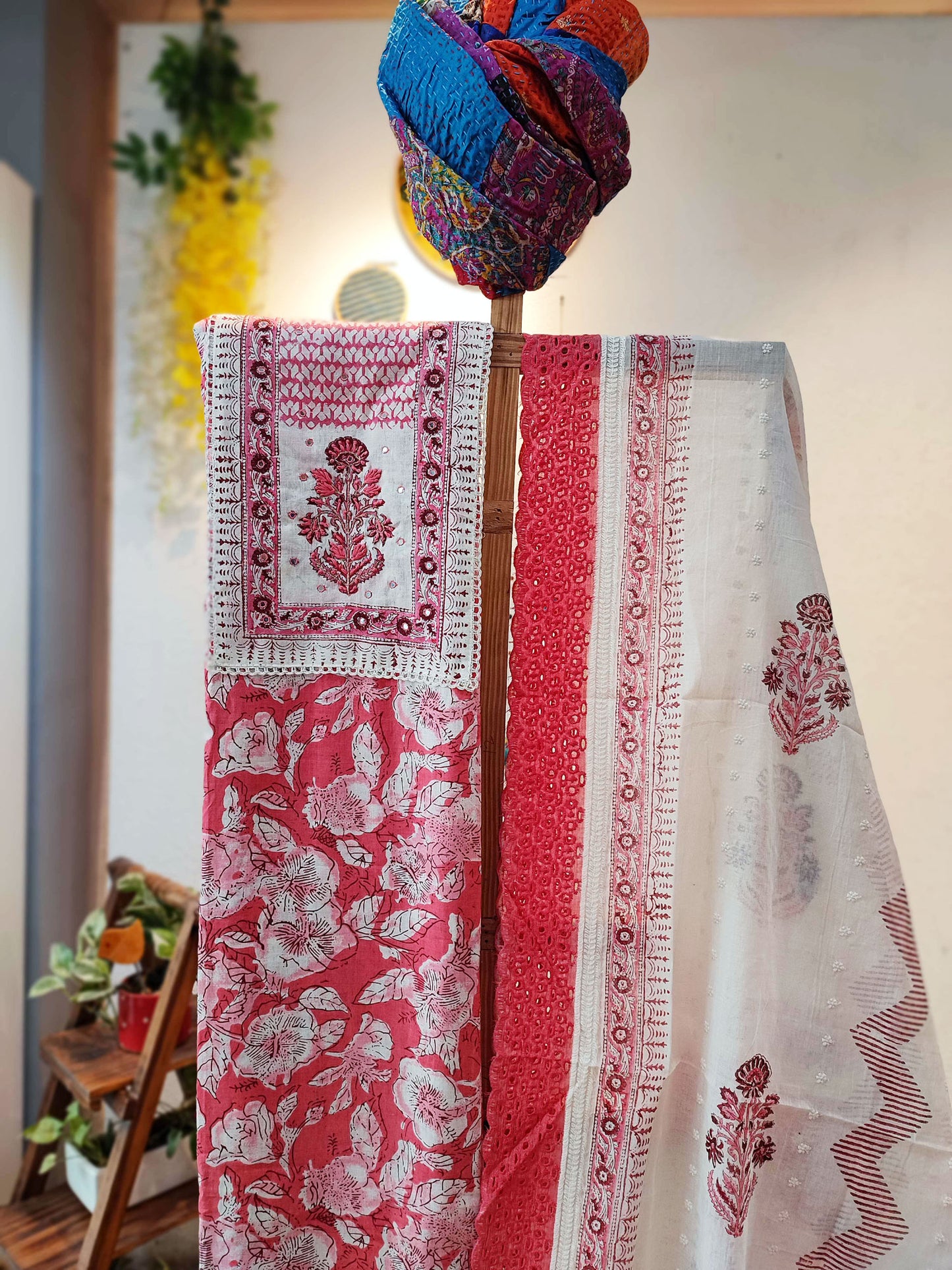 Amarnath Red & White Cotton Suit Set With Hakoba Highlights